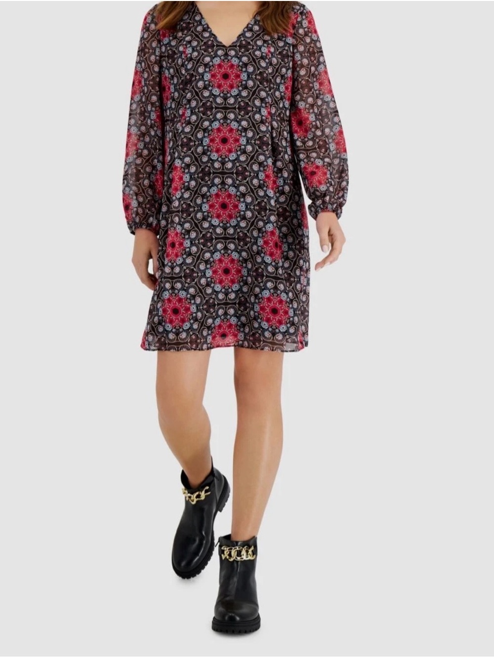Womens Black Floral Print V-Neck Long Sleeve Dress - Pink Accents
